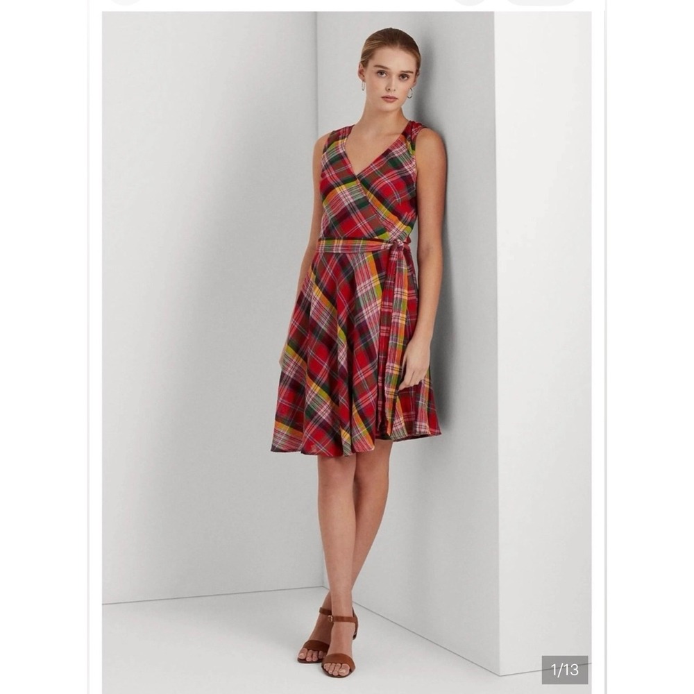 Lauren Ralph Lauren Red Plaid Faux Wrap Sleeveless Fit‎ & Flare Midi Dress 4